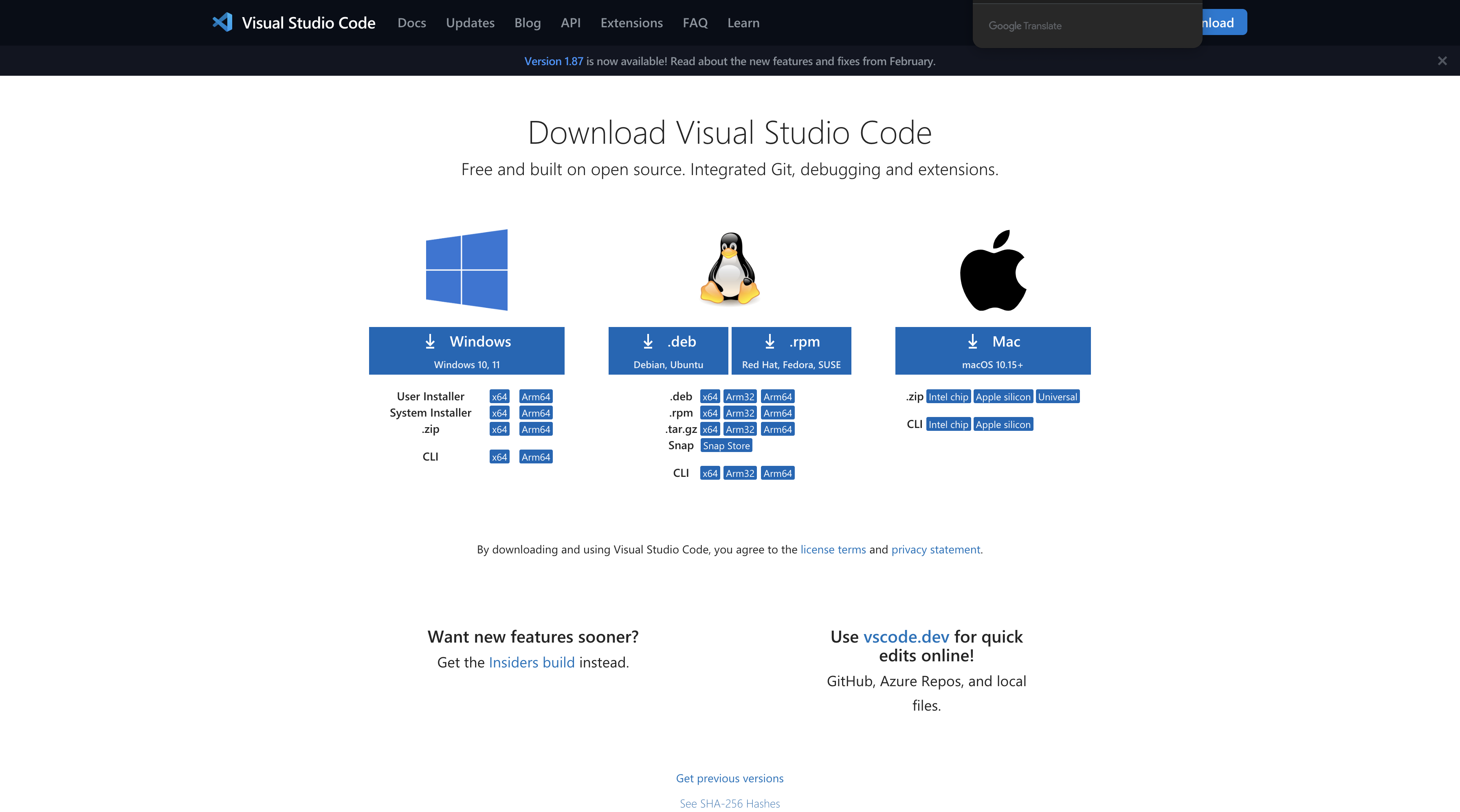 Visual Studio CodeのOS選択ページ
